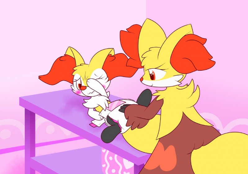 :s anthro blush clean_diaper clothed clothing diaper duo embarrassed female paws putting_on_diaper wearing_diaper sir-dancalot nintendo pokemon braixen canid canine delphox generation_6_pokemon mammal pokemon_(species) changing_(disambiguation)