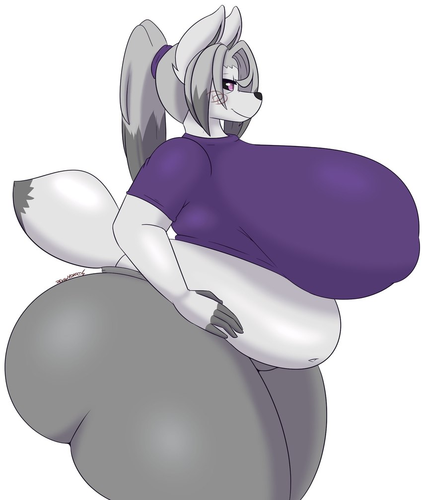 5_fingers anthro belly belly_overhang big_belly big_breasts big_butt black_sclera bottomwear breasts butt clothed clothing female fingerless_(marking) fingers fur grey_bottomwear grey_clothing grey_hair grey_pants hair huge_breasts huge_butt huge_thighs hyper hyper_breasts hyper_butt nipple_outline overweight overweight_female pants purple_clothing purple_eyes purple_shirt purple_topwear shirt side_view simple_background slightly_chubby slightly_chubby_anthro slightly_chubby_female solo standing thick_thighs topwear white_background white_body white_fur dewwydarts mary_(dewwydarts) arctic_fox canid canine fox mammal true_fox 2022 hi_res