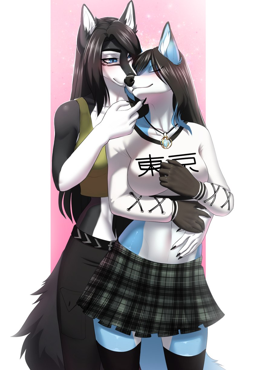 5_fingers anthro black_hair bottomwear breasts clothed clothing eyebrows eyelashes eyes_closed female fingers hair skirt smile amur canid canine mammal 2023 digital_media_(artwork) hi_res