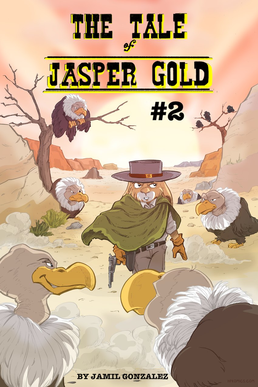 anthro clothing cowboy_hat desert dust_cloud group gun hat headgear headwear male plant poncho ranged_weapon rock text tree weapon western wild_west jamil_gonzalez the_tale_of_jasper_gold jasper_gold_(character) accipitriform avian bird lagomorph leporid mammal rabbit vulture 2:3 comic cover cover_art cover_page english_text hi_res