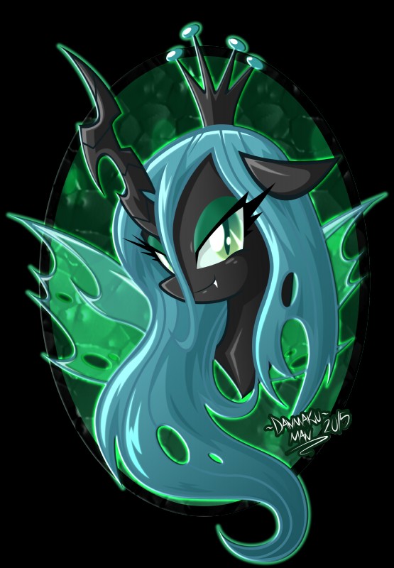 bedroom_eyes eyeshadow fangs female green_eyes green_hair hair half-closed_eyes hole_(anatomy) horn insect_wings long_hair looking_at_viewer makeup narrowed_eyes pupils seductive slit_pupils solo teeth wings danmakuman friendship_is_magic hasbro my_little_pony queen_chrysalis_(mlp) arthropod changeling 2015 absurd_res alpha_channel bust_portrait hi_res portrait