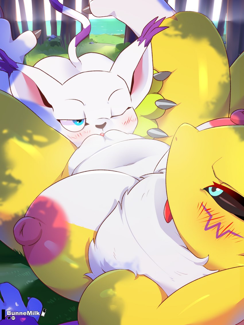 anthro anthro_on_anthro big_breasts breasts clitoris cunnilingus female fur genitals nipples oral sex vaginal yellow_body yellow_fur bunnemilk bandai_namco digimon canid digimon_(species) gatomon mammal renamon hi_res