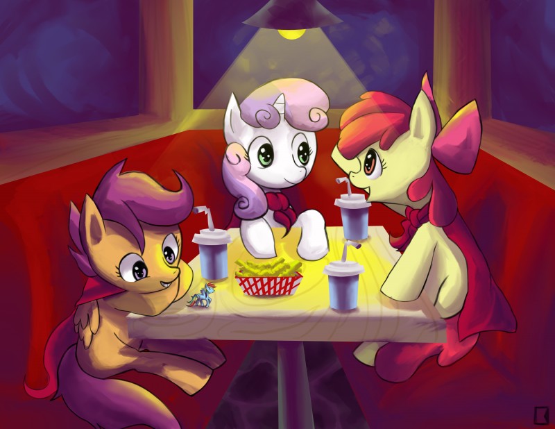 blue_body blue_feathers cafe feathered_wings feathers female feral food fries group horn orange_body orange_feathers tail wings young young_feral fauxsquared friendship_is_magic hasbro my_little_pony mythology apple_bloom_(mlp) cutie_mark_crusaders_(mlp) rainbow_dash_(mlp) scootaloo_(mlp) sweetie_belle_(mlp) earth_pony equid equine horse mammal mythological_creature mythological_equine pegasus pony unicorn absurd_res hi_res