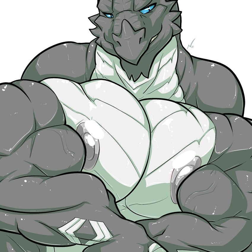 anthro big_muscles blue_eyes dominant front_view grey_body grin huge_muscles hyper hyper_muscles male multicolored_body muscular nipples non-mammal_nipples pecs pose smile solo standing teeth two_tone_body white_body danandnite mythology kardukk dragon kobold mythological_creature mythological_scalie reptile scalie 1:1 digital_media_(artwork) hi_res shaded signature