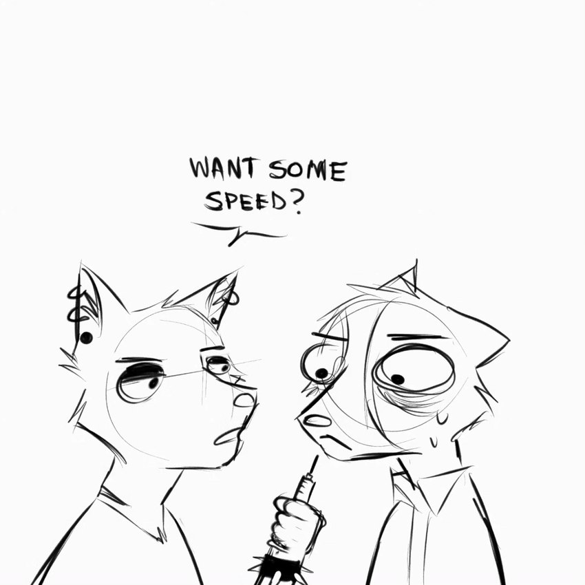 :< ambiguous_gender anthro asking_another black_text bodily_fluids bracelet cheek_tuft clothed clothing drugs duo ear_piercing ear_ring ears_back eyebrows facial_tuft front_view fur hair_between_eyes jewelry looking_at_another offering_drugs partial_speech_bubble piercing pivoted_ears pointy_ears prick_ears ring_piercing snout spiked_bracelet spikes stud_piercing sweat sweatdrop syringe text three-quarter_view tuft uncomfortable wide_eyed yes-no_question kittydisk mammal species_request 1:1 2023 black_and_white bust_portrait english_text guide_lines hi_res monochrome portrait sketch