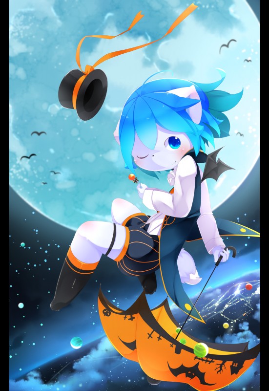 amazing_background anthro black_bars blue_body blue_eyes blue_hair blush blush_lines candy cape clothed clothing dessert detailed_background dipstick_tail eye_glint flying food fully_clothed fur glistening hair hat headgear headwear holidays kemono looking_at_viewer male markings moon one_eye_closed smile solo tail tail_markings top_hat umbrella white_body white_fur white_tail_tip wink young young_anthro aoino halloween spica_(aoino) canid canine canis domestic_dog mammal absurd_res detailed hi_res pillarbox