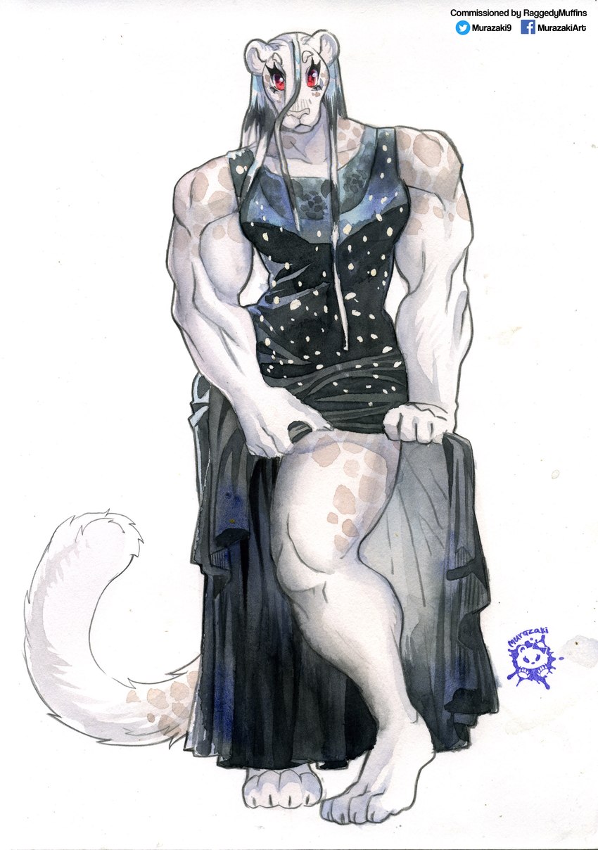 anthro biped breasts broad_shoulders claws clothed clothing clothing_lift curvy_figure dipstick_tail dress dress_lift evening_gown eyelashes female fur gloves_(marking) grey_hair hair leg_markings long_hair looking_at_viewer markings muscular muscular_anthro muscular_female paws red_eyes simple_background small_breasts socks_(marking) solo spots spotted_markings tail tail_markings white_background white_body white_fur wide_hips murazaki felid feline leopard mammal pantherine absurd_res hi_res traditional_media_(artwork)