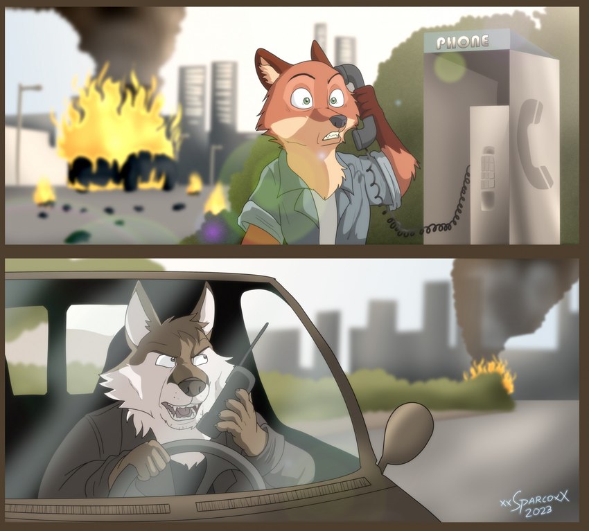 alternate_species anthro building car cellphone clothed clothing duo electronics explosion fire inside_car inside_vehicle male motor_vehicle payphone phone plant shrub text vehicle xxsparcoxx disney speed_(film) zootopia nick_wilde canid canine canis fox mammal wolf 2023 artist_name digital_media_(artwork) hi_res