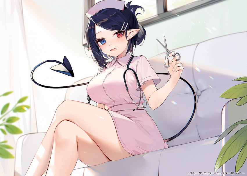 big_breasts breasts clothing crossed_legs female furniture heterochromia humanoid_pointy_ears leaf medical_instrument not_furry nurse plant pointy_ears scientific_instrument scissors sitting sofa solo spade_tail stethoscope tail window muryotaro elf humanoid