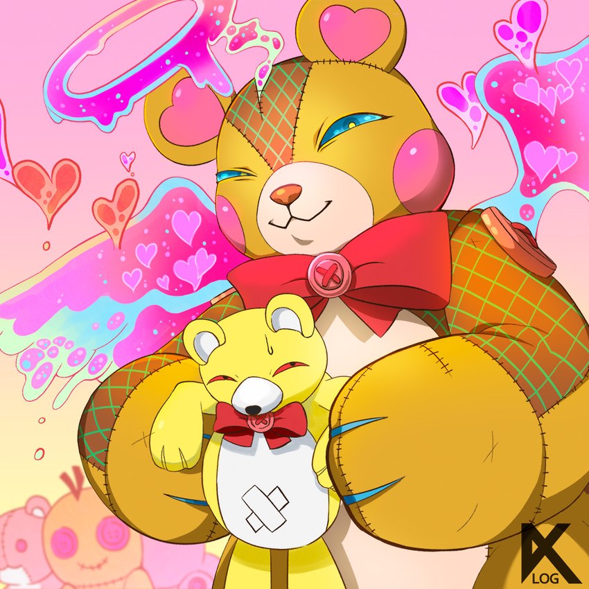 anthro blue_eyes bow_tie duo fur halo male plushie red_eyes slime teddy_bear wings yellow_body yellow_fur kasuga_dn bandai_namco digimon digimon_(species) monzaemon monzaemon_x 1:1