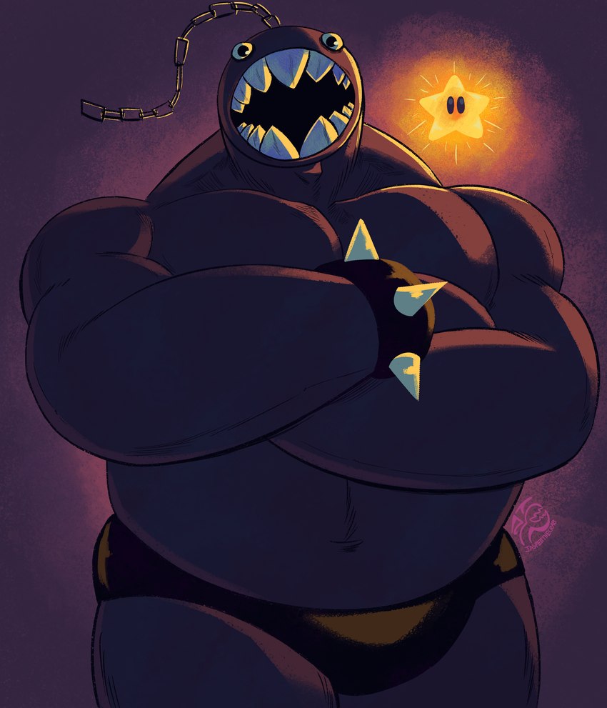 anthro backlighting black_bottomwear black_clothing black_underwear bottomwear bracelet chain clothing crossed_arms grey_body jewelry light looking_at_viewer male muscular muscular_male open_mouth sharp_teeth solo spiked_bracelet spikes star teeth underwear jasperthecrab mario_bros nintendo chain_chomp hi_res lighting