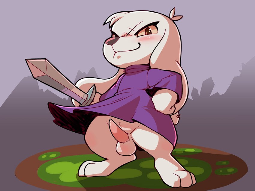 anthro balls big_ears blush bottomless clothed clothing crystal erection front_view fur genitals hand_on_hip long_ears looking_at_viewer male melee_weapon robe scar smile solo sword weapon white_body white_fur ajin cave_story king_(cave_story) lagomorph mammal mimiga 2024 4:3