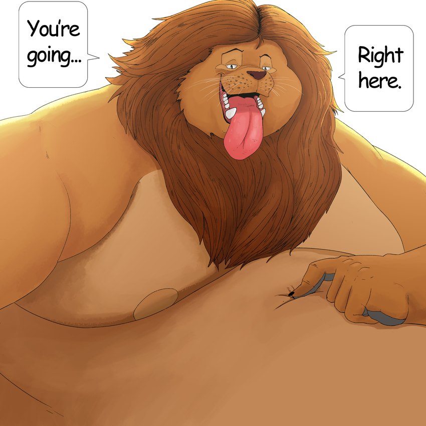 anthro big_moobs big_nipples black_text brown_body brown_fur brown_hair chubby_cheeks ellipsis fur gesture hair hand_gesture hand_on_belly hand_on_own_belly hungry imminent_vore long_tongue looking_at_viewer male mane markings moobs morbidly_obese morbidly_obese_anthro morbidly_obese_male nipples obese obese_anthro obese_male open_mouth overweight overweight_anthro overweight_male pointing pointing_at_belly sharp_teeth solo teeth text tongue tongue_out whisker_markings whisker_spots whiskers feedtheboss felid felidae feline lion mammal pantherine 1:1 absurd_res comic_sans hi_res