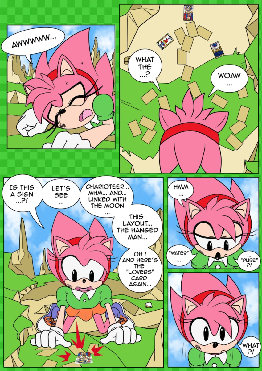 anthro card clothing dress female fortune_telling hair pink_body pink_hair solo tarot tarot_card text thin_calves thin_legs thin_thighs tripping raianonzika classic_sonic_(universe) sega sonic_the_hedgehog_(series) amy_rose classic_amy_rose eulipotyphlan hedgehog mammal comic english_text hi_res