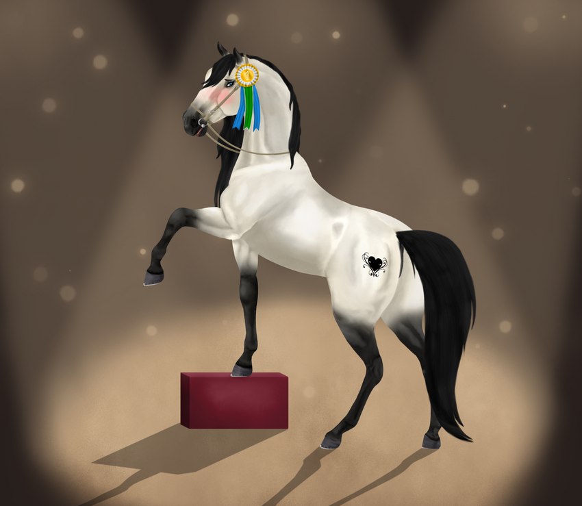 ambiguous_gender anus award black_hair blush bridle feral fur grey_body hair halter hooves looking_back quadruped reins solo trophy lumadelun equid equine horse mammal hi_res female_(lore)