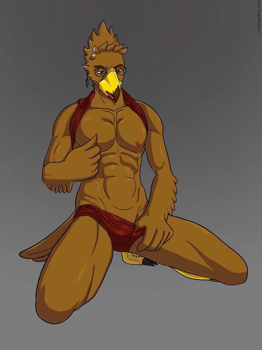 abs anthro athletic beak brown_body brown_eyes brown_feathers claws clothing eyewear feathers feet glasses male nipple_fetish nipple_play nipples pecs solo talons text toes underwear wings eaglerick rick_(eaglerick) accipitrid accipitriform avian bird eagle golden_eagle true_eagle 3:4 digital_media_(artwork) hi_res url