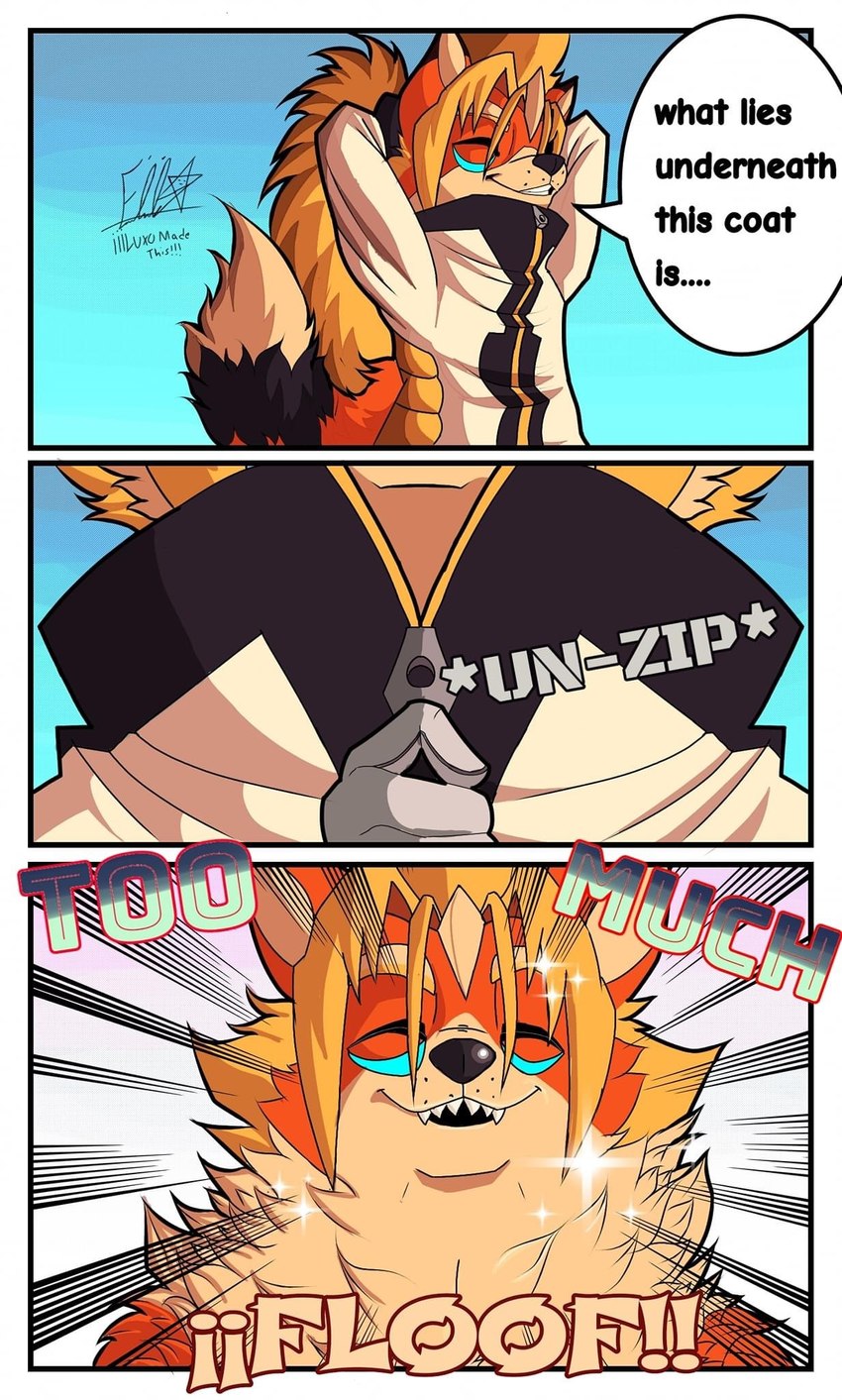 anthro clothing hair long_hair male one_eye_closed smile solo sparkles text undressing wink iaian_luxo_fox luxo_(iaian_luxo_fox) canid canine fox mammal comic english_text hi_res