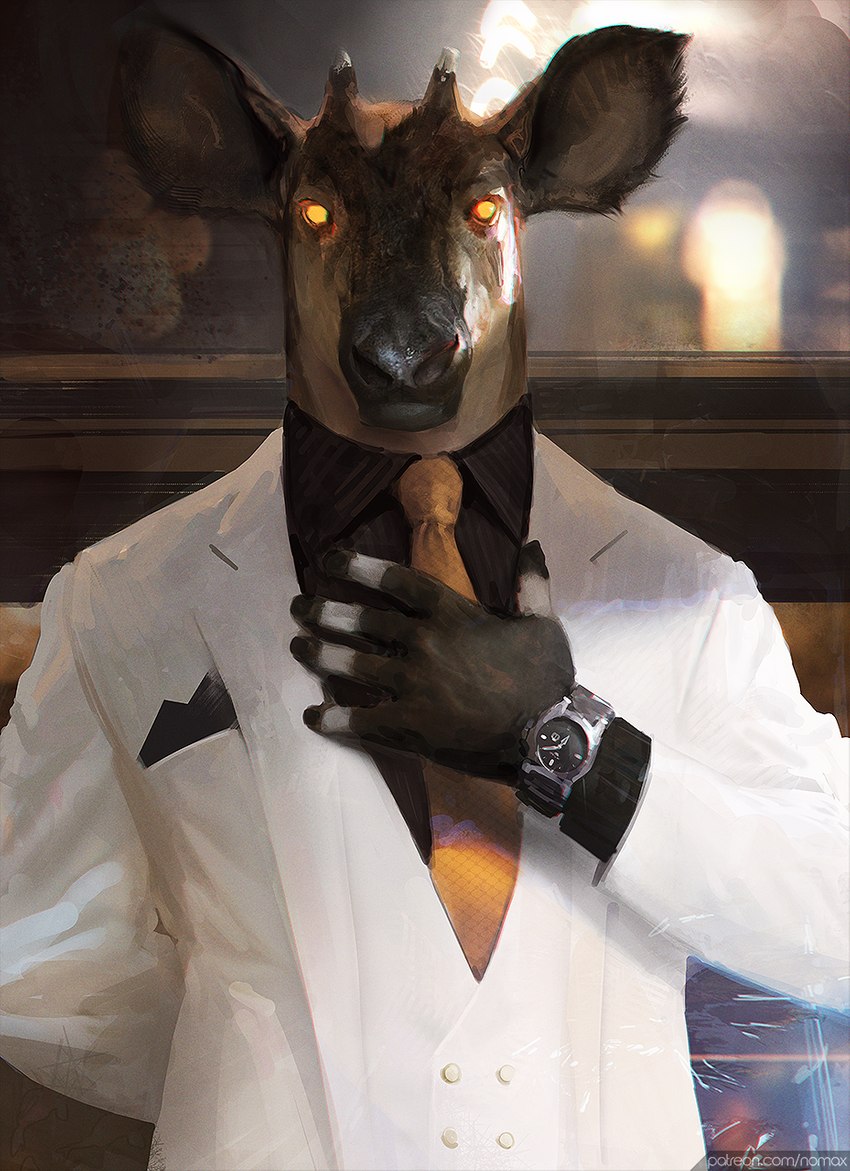 5_fingers anthro black_nose clock clothed clothing fingers glowing glowing_eyes hand_on_chest handkerchief horn kerchief looking_at_viewer male necktie pocket_square solo suit_jacket watch wristwatch nomax deer mammal 2021 digital_media_(artwork) hi_res