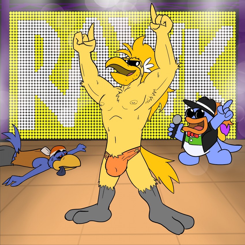 2_toes 4_fingers announcer anthro armpit_tuft athletic athletic_anthro athletic_male avian_feet bandanna barefoot beak black_bottomwear black_clothing black_hat black_headwear black_legs black_sclera black_tongue black_topwear black_vest blonde_hair blue_body bodily_fluids bottomwear bow_tie briefs briefs_only bulge clothed clothing detailed_bulge electronics fainted feathers feet fighting_ring fingers genital_outline gesture green_clothing green_shirt green_topwear group hair hand_gesture hat headgear headwear holding_microphone holding_object inside kerchief lips looking_at_viewer lying male microphone name_drop name_in_background name_in_text neon_sign nipples non-mammal_nipples on_front open_mouth open_smile orange_beak orange_briefs orange_clothing orange_lips orange_underwear penis_outline proud purple_body purple_feathers purple_shell raised_arms raised_finger raised_index_finger red_bandanna red_bow_tie red_clothing red_eyes red_kerchief red_shirt red_tank_top red_tongue red_topwear shell shirt sign smile standing sweat tail tail_feathers tank_top toes tongue tongue_out topless topless_anthro topless_male topwear torn_briefs torn_clothing torn_underwear trio underwear underwear_only vest victory wearing_sunglasses white_eyes wrestler yellow_beak yellow_body yellow_feathers secretgull mario_bros nintendo paper_mario paper_mario:_the_thousand_year_door craw-daddy grubba rawk_hawk accipitrid accipitriform avian bird clubba dark_craw_(paper_mario) koopa reptile scalie spike_(mario) 1:1 2024 digital_drawing_(artwork) digital_media_(artwork) hi_res