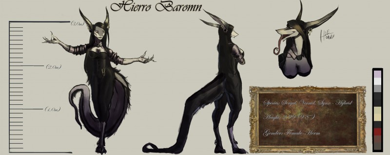 anthro big_ears breasts brown_hair clock clothing digitigrade ear_piercing female forked_tongue gauged_ear grey_background hair long_hair long_tongue looking_at_viewer open_mouth piercing pocketwatch red_eyes simple_background smile solo tail text tongue topwear vest watch hierro_(artist) hierro sergal 2017 absurd_res digital_media_(artwork) english_text hi_res model_sheet