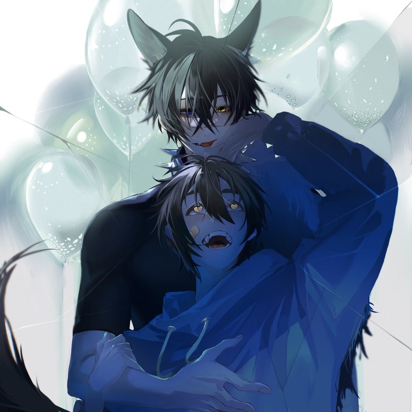 band-aid bandage bangs canon_couple clothing duo flesh_fang hoodie male pointy_ears prick_ears shirt smile teeth topwear xiayabaier nu:_carnival eiden_(nu:_carnival) garu_(nu:_carnival) karu_(nu:_carnival) animal_humanoid canid canid_humanoid canine canine_humanoid human humanoid mammal mammal_humanoid wolf_humanoid 1:1 blue_theme cool_colors hi_res