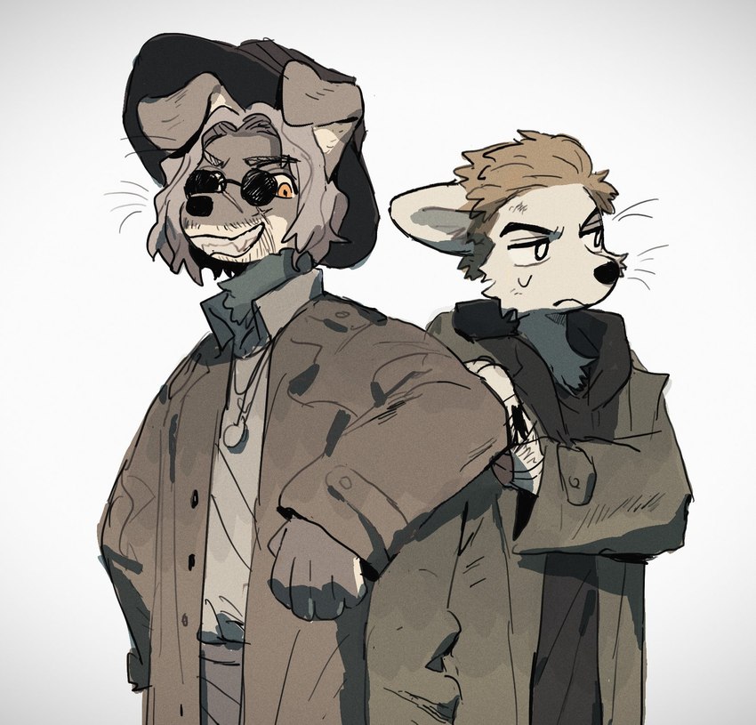 alternate_species anthro black_nose blonde_hair bodily_fluids clothed clothed_anthro clothed_male clothing duo ears_back eyewear facial_hair facial_scar floppy_ears frown fur furrification glasses grey_body grey_fur grey_hair hair jacket male male/male male_anthro narrowed_eyes pivoted_ears round_glasses scar simple_background smile sweat sweatdrop teeth topwear whiskers axian6777 capcom resident_evil ethan_winters karl_heisenberg canid canine canis domestic_dog mammal 2024 digital_drawing_(artwork) digital_media_(artwork) hi_res