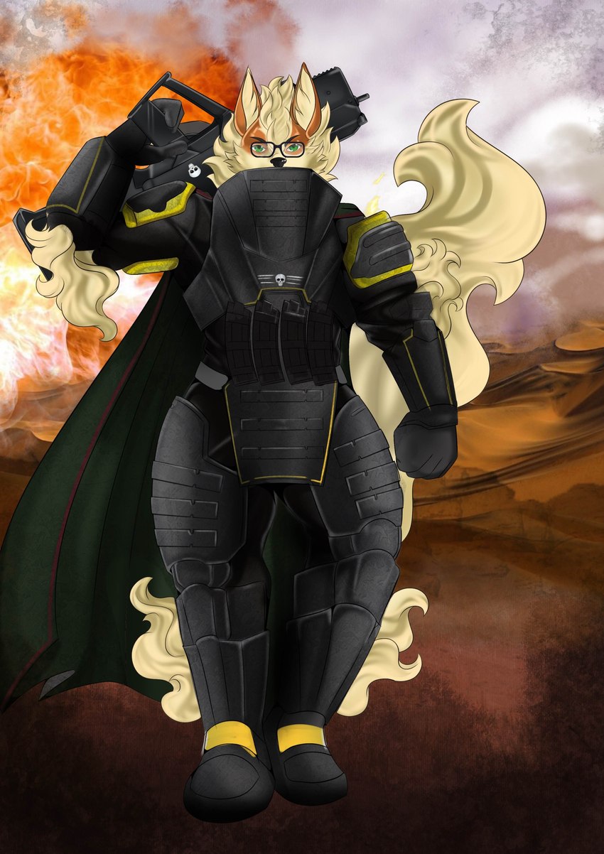 anthro ar-23_liberator armor assault_rifle explosion glass gun magazine_(gun) male pose ranged_weapon rifle solo weapon checkhoff helldivers nintendo pokemon emarcanine arcanine generation_1_pokemon pokemon_(species) absurd_res hi_res