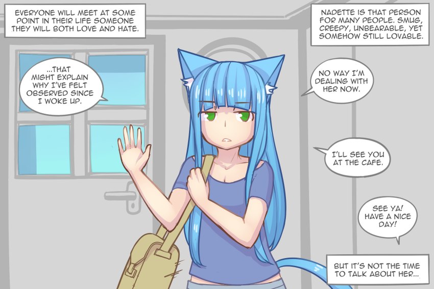 blue_hair bottomwear breasts cleavage clothed clothing dialogue female frown green_eyes hair inner_monologue offscreen_character pants shirt solo speech_bubble tail text topwear pixiveo myu_(pixiveo) animal_humanoid cat_humanoid felid felid_humanoid feline feline_humanoid humanoid mammal mammal_humanoid 3:2 comic english_text