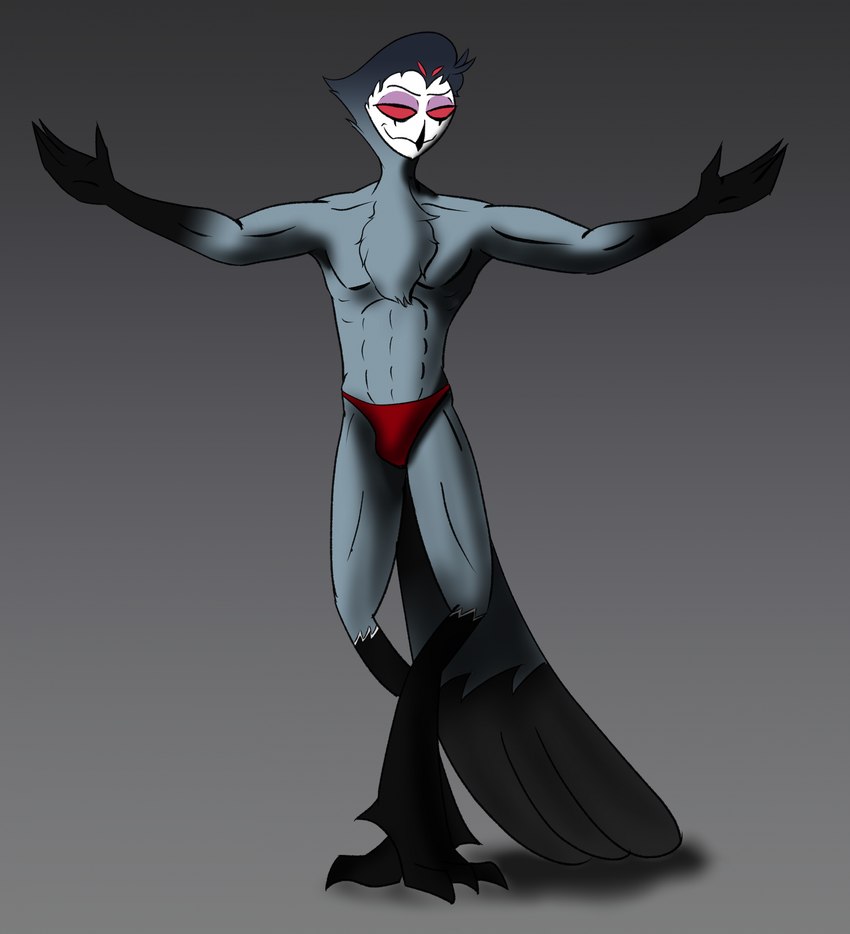 anthro banana_hammock bulge clothed clothing male muscular muscular_male solo speedo speedo_only swimwear topless underwear reachahighernoon gigachad helluva_boss stolas_(helluva_boss) avian bird demon owl hi_res meme