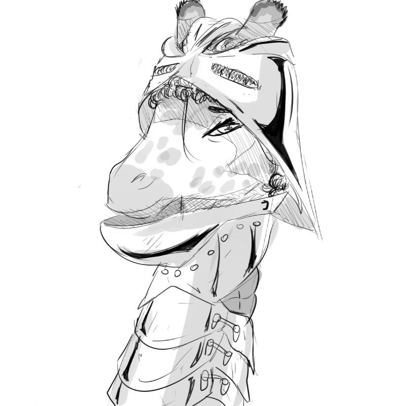 armor clothing female hair looking_at_viewer plate_armor sallet smile smug solo dreamy_pride giraffe giraffid mammal monochrome