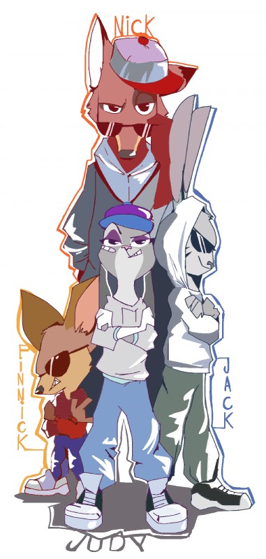 1990s_theme anthro band-aid bandage baseball_cap clothing crossed_arms eyewear female group hat headgear headwear hoodie male sideways_baseball_cap simple_background sunglasses topwear white_background juliedraw2046 disney zootopia finnick_(zootopia) jack_savage judy_hopps nick_wilde canid canine fennec_fox fox lagomorph leporid mammal rabbit red_fox true_fox hi_res