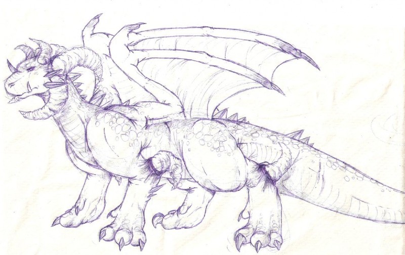 feral looking_at_viewer simple_background solo tail white_background wings inkcookie mythology dragon mythological_creature mythological_scalie scalie 2009 monochrome purple_and_white traditional_media_(artwork)