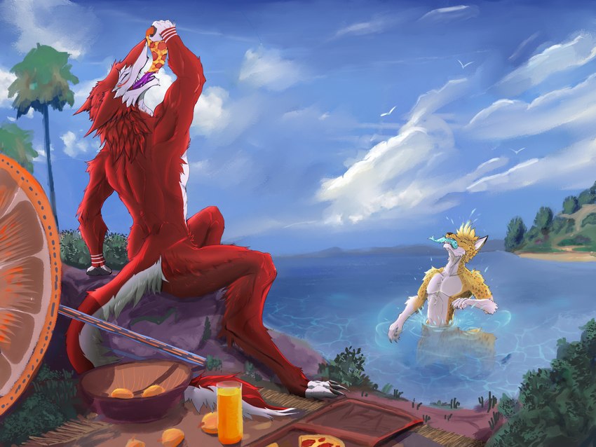 anthro beverage duo eating eyes_closed food kneeling male open_mouth partially_submerged pizza sitting smile tail tail_tuft tuft water dousbrata cheetah felid feline fish mammal marine sergal 4:3 absurd_res hi_res