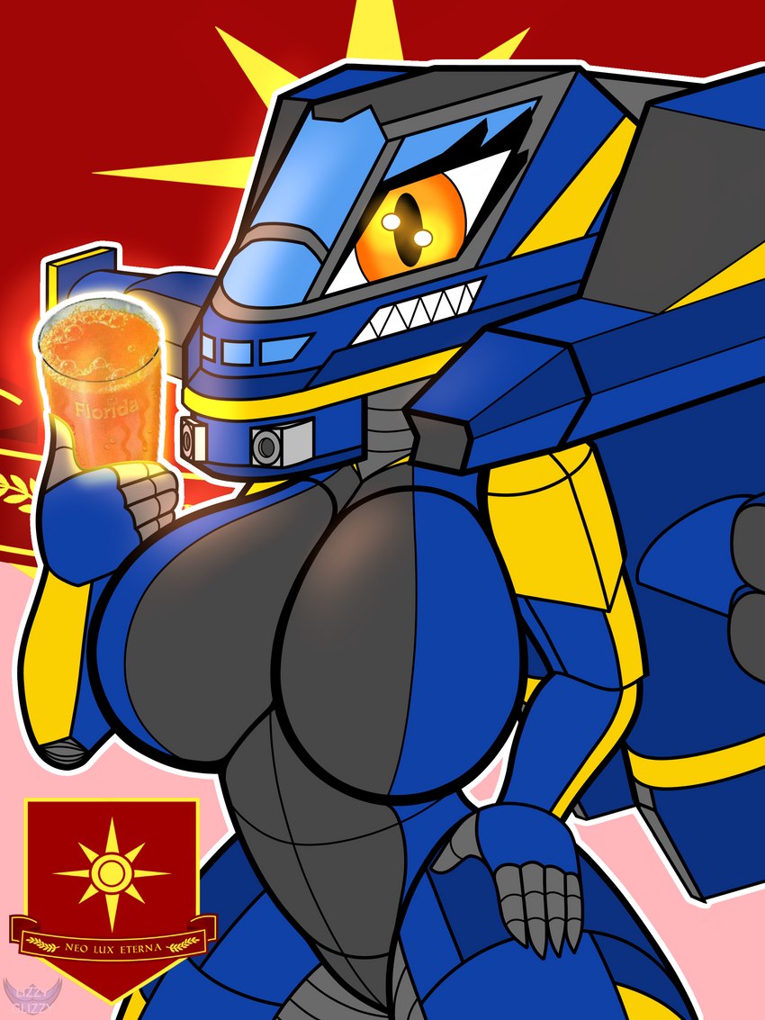 aircraft anthro big_breasts biped black_body black_wings blue_body blue_wings breasts dark_body eyelashes female glowing_object holding_glass holding_object looking_at_viewer machine multicolored_body orange_eyes reaver_(planetside_2) solo text two_tone_body two_tone_wings vehicle wings yellow_body yellow_wings lizzyglizzy new_conglomerate planetside_2 aircraft_humanoid living_aircraft living_machine living_vehicle robot 2023 3:4 absurd_res digital_drawing_(artwork) digital_media_(artwork) hi_res watermark