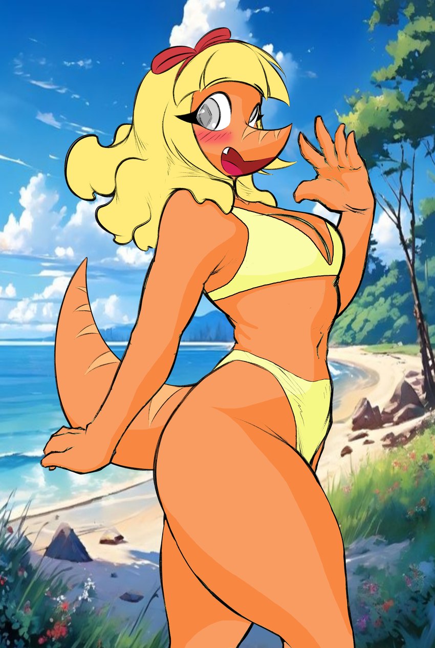 5_fingers accessory anthro beach bikini blonde_hair blue_sky blush bow_ribbon breasts cleavage clothed clothing curvy_anthro curvy_female curvy_figure day derp_eyes eyelashes female fingers grey_eyes hair hair_accessory hair_bow hair_ribbon long_hair long_tail looking_at_viewer navel open_mouth open_smile orange_body orange_scales outside ribbons scales sky smile snout solo swimwear tail thick_thighs two-piece_swimsuit wide_hipped_anthro wide_hipped_female wide_hips yellow_bikini yellow_clothing yellow_swimwear ather_os third-party_edit cavemanon_studios snoot_game heather_(snoot_game) acrocanthosaurus carcharodontosaurid dinosaur prehistoric_species reptile scalie theropod 2025 absurd_res digital_drawing_(artwork) digital_media_(artwork) hi_res