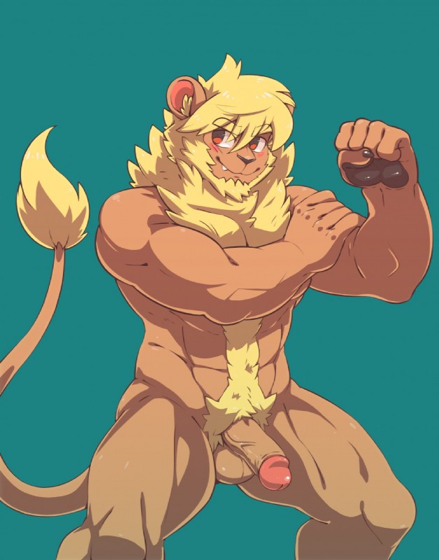 abs anthro balls blush body_hair bras_d'honneur cute_fangs erection fangs flexing foreskin genitals gesture happy_trail looking_away male mane muscular muscular_anthro muscular_male nude penis pose pubes retracted_foreskin simple_background solo standing teeth gazpacho jaryl_(character) felid lion mammal pantherine alternate_version_at_source hi_res pinup