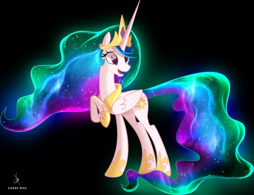 black_background crown cutie_mark ethereal_hair ethereal_mane ethereal_tail female feral gold_(metal) gold_horseshoe gold_jewelry gold_necklace gold_tiara hair headgear horn jewelry multicolored_hair multicolored_tail necklace pseudo_hair pseudo_mane purple_eyes simple_background solo sparkles tail tiara wings zidanemina friendship_is_magic hasbro my_little_pony mythology princess_celestia_(mlp) equid equine mammal mythological_creature mythological_equine winged_unicorn hi_res