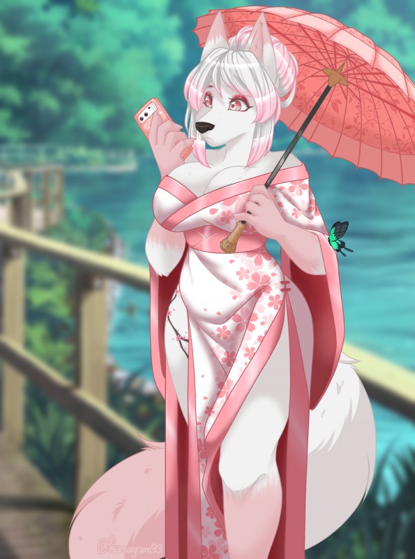 5_fingers anthro asian_clothing big_breasts breasts cherry_blossom cleavage clothed clothing day detailed_background east_asian_clothing eyebrows female fingers flower fur japanese_clothing kimono outside plant prunus_(flower) solo text tree white_body white_fur samagram93 sakura_d._lyall canid canine canis mammal wolf absurd_res hi_res