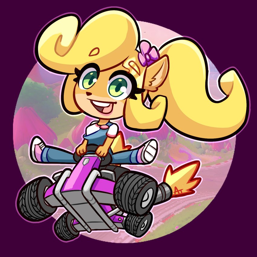 accessory anthro blonde_hair clothing female flower flower_in_hair footwear green_eyes hair hair_accessory kart open_mouth open_smile plant ponytail smile solo vehicle alex-toons activision crash_bandicoot_(series) coco_bandicoot bandicoot mammal marsupial 1:1 2020 hi_res signature