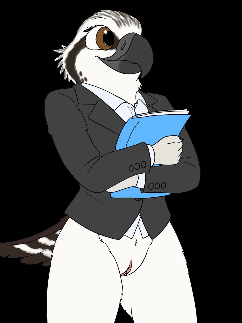 anthro blouse bottomless bottomless_female brown_eyes business_attire business_suit businesswear clitoris clothed clothing exhibitionism female genitals pussy solo suit suit_jacket topwear fish_birb lizzy_(fish_birb) accipitriform avian bird osprey 3:4 alpha_channel hi_res