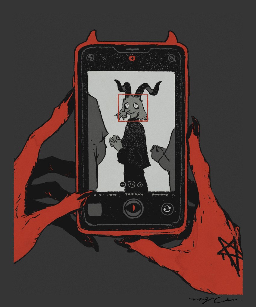 anthro clothed clothing electronics first_person_view horn male occult_symbol pentagram phone photo priest symbol mucknagabe bovid caprine caprine_demon demon goat_demon mammal hi_res