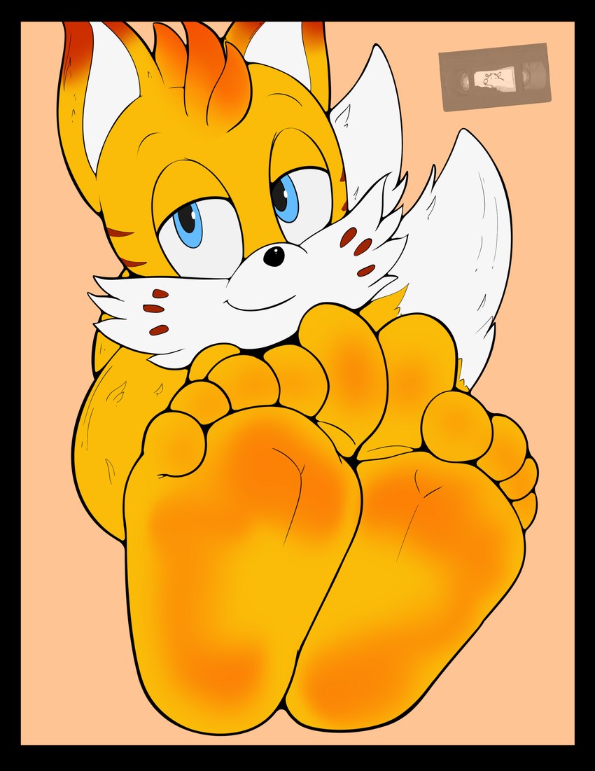 5_toes anthro barefoot black_border black_nose black_outline blue_eyes border cheek_tuft facial_tuft feet foot_fetish foot_focus fur male orange_body orange_fur outline simple_background smile soles solo tan_background toes tuft yellow_body yellow_fur dummycervine netflix sega sonic_prime sonic_the_hedgehog_(series) mangey_(sonic_prime) miles_prower canid canine fox mammal absurd_res hi_res