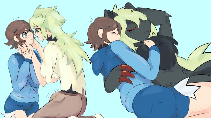 anthro brown_hair bulge clothing duo erection erection_under_clothing green_hair hair human_to_anthro male male/male sleeping smile species_transformation transformation bloowolfy nintendo pokemon hilbert_(pokemon) n_(pokemon) generation_5_pokemon human mammal pokemon_(species) zoroark 16:9 hi_res widescreen