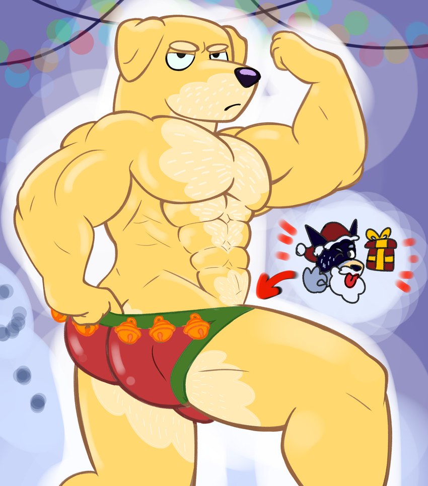 abs angry anthro biceps big_butt butt christmas_clothing christmas_headwear clothed clothing crouching flexing fur gift hand_in_underwear headgear headwear holidays looking_at_viewer male mostly_nude muscular muscular_anthro muscular_male muscular_thighs pecs presenting simple_background solo thick_thighs underwear yellow_body yellow_fur joalmidon bluey_(series) christmas bandit_heeler pat_(bluey) canid canine canis domestic_dog mammal absurd_res hi_res