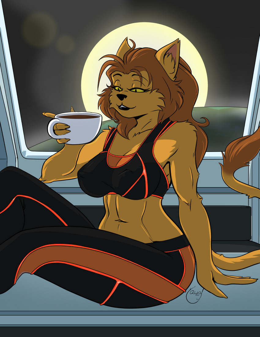 anthro arm_tuft beverage breasts brown_hair cheek_tuft clothing elbow_tuft facial_tuft female fur glass hair holding_beverage holding_object inside midriff navel nipple_outline pupils sitting slit_pupils solo tail tail_tuft tan_body tan_fur tight_clothing tuft yellow_eyes yawg star_trek star_trek_the_animated_series m'ress alien caitian felid mammal 2020 hi_res