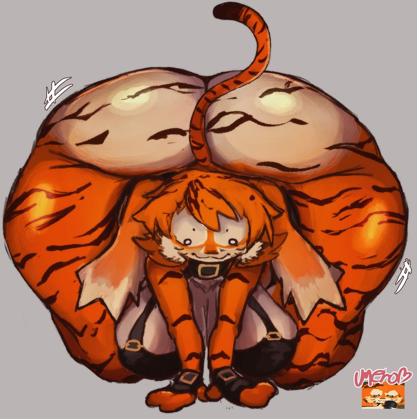 all_fours anthro ass_up belt big_breasts big_butt big_ears breasts butt cheek_tuft circle_eyebrows clothing collar dot_eyes eyebrows facial_tuft female fingerless_gloves front_view fur gloves hair handwear huge_breasts huge_butt huge_hips huge_thighs hyper hyper_butt kneeling leather leather_clothing markings motion_lines orange_body orange_fur orange_hair simple_eyes small_eyes solo striped_markings striped_tail stripes tail tail_markings thick_thighs tuft wide_hips umeroart atlyss felid mammal pantherine poon_(atlyss) tiger absurd_res hi_res signature
