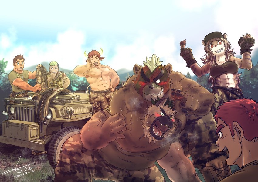 abs anthro belly blush clothing female group headlock horn kemono male military_uniform musclegut muscular muscular_anthro muscular_male pecs uniform wrestling hikoero777 jeep lifewonders tokyo_afterschool_summoners ashigara_(tas) durga_(tas) gunzo_(tas) kyuma_(tas) taurus_mask_(tas) wakan_tanka_(tas) yasuyori_(tas) animal_humanoid bear canid canine canis domestic_dog felid human humanoid mammal pantherine tiger