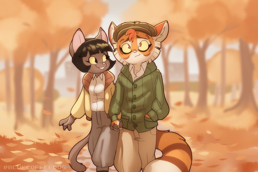 afternoon anthro autumn autumn_leaves big_tail bob_cut bottomwear brown_body brown_bottomwear brown_clothing brown_fur brown_pants brown_tail canon_couple city claws clothed clothing date dating day duo eyelashes female fluffy fluffy_tail fully_clothed fully_clothed_anthro fully_clothed_female fully_clothed_male fur green_clothing green_hat green_headwear green_jacket green_sweater green_topwear hand_holding hand_in_pocket happy hat headgear headwear intimate jacket leaf leaves_on_ground looking_at_another love male male/female orange_body orange_fur orange_pupils pants pink_nose plant pockets pupils romantic romantic_ambiance romantic_couple shirt smile sweater tail topwear tree walking walking_together white_clothing white_shirt white_topwear yellow_clothing yellow_eyes yellow_jacket_(clothing) yellow_topwear bluecoffeedog lackadaisy calvin_mcmurray ivy_pepper domestic_cat felid feline felis mammal 2024 digital_drawing_(artwork) digital_media_(artwork)