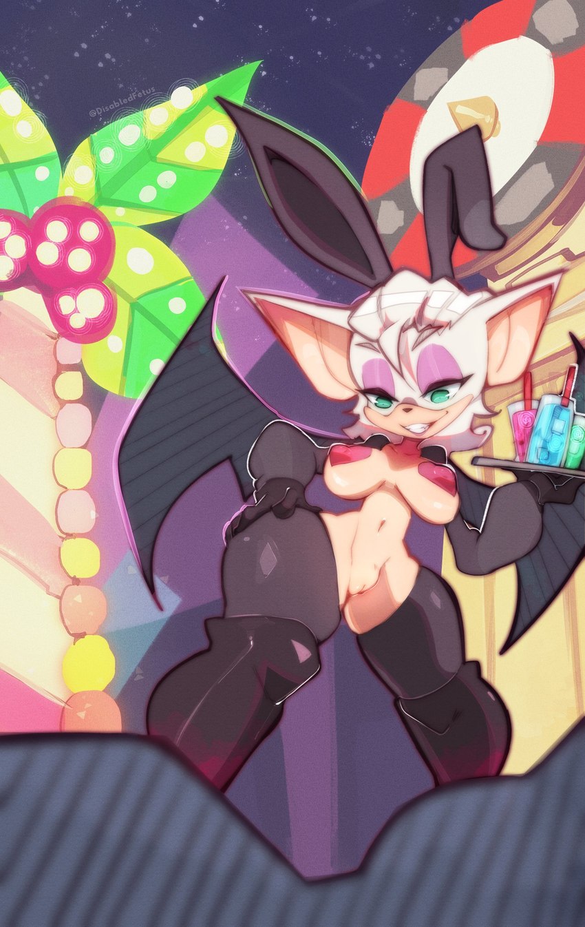 anthro beverage breasts clothing container costume cup eyeshadow fake_ears female fur genitals legwear makeup pussy reverse_bunny_costume smile solo tan_body tan_skin white_body white_fur wings disabledfetus sega sonic_the_hedgehog_(series) rouge_the_bat bat mammal hi_res signature