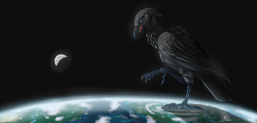 4_toes anisodactyl cloud continent destruction earth featureless_crotch feet feral looking_down macro male moon open_mouth planet raised_foot sea solo space standing_on_planet talons terra_macro toes tongue water magpi apothem australian_raven avian bird corvid corvus_(genus) deity oscine passerine raven 2018 hi_res